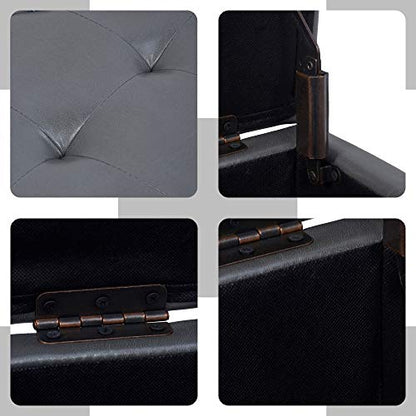 H&B Luxuries Tufted Leather Square Flip Top Storage Ottoman Cube Foot Rest (Grey with Storage) - color: Grey With Storage