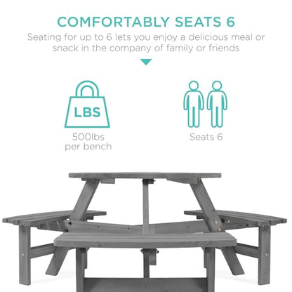 Best Choice Products 6-Person Circular Outdoor Wooden Picnic Table for Patio, Backyard, Garden, DIY w/ 3 Built-in Benches, 500lb Capacity - Gray - color: Grey