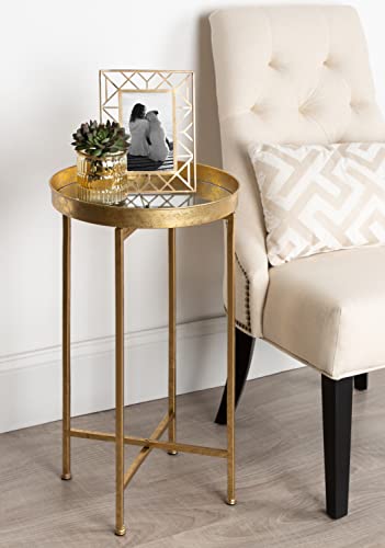 Kate and Laurel Celia Round Metal Foldable Accent Table with Mirror Tray Top, Gold - color: Gold/Mirror