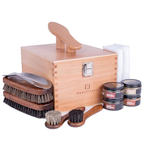 FootFitter Beech Wood Valet Box, Premium Shoe Shine Organizer with Classic Storage for Polish, Brushes, Cloths & Tools - color: Brown Creams Set