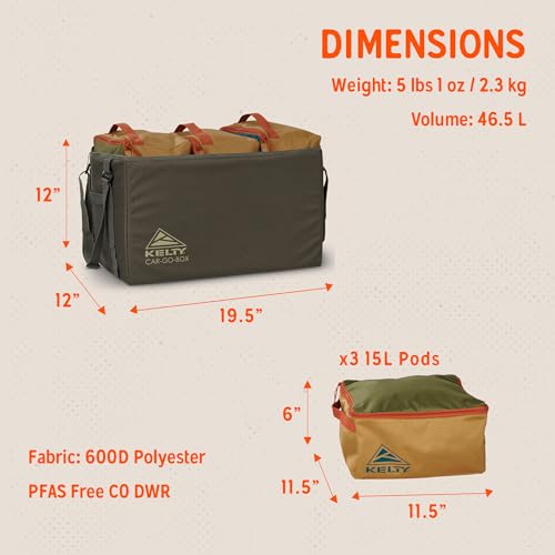 Kelty CARGO Box – Camping, Tailgating, Travel Organization Kit, Large Structured Tote + 3 Individual Pods Storage for Trucks, Vans, SUVs Cars – Color Coded Packing Cubes, Rugged + Water Resistant 45L