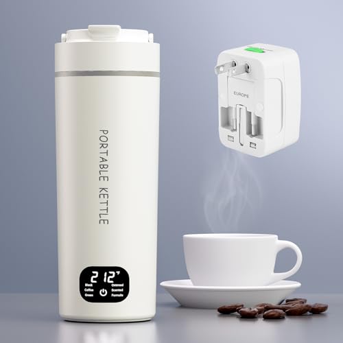 Dual Voltage Portable Electric Kettle Travel Hot Water for Tea, Coffee, 6 Temperature Controls and LCD Display, 316 Stainless Steel and 450ml, Auto Shut Off & Boil Dry Protection - color: Warm White with Adapter
