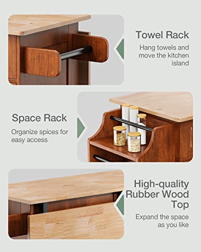 Qsun Kitchen Island with Drop Leaf and Storage, on Wheels Two Drawers, Large Storage Cabinet, Towel Rack Spice Cart Brown - color: Brown