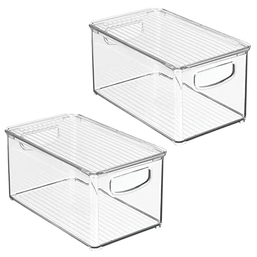 mDesign Plastic Deep Storage Bin Box Container with Lid and Built-In Handles - Organization for Fruit, Snacks, or Food in Kitchen Pantry, Cabinet, or Cupboard, Ligne Collection, 2 Pack, Clear