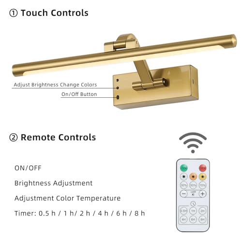 Wireless Picture Lights for Wall Removable Battery Charging, Battery Operated Art Light for Paintings, 3CCT Dimmable with Remote, Rotatable Gallery Light for Pictures Display - color: Gold