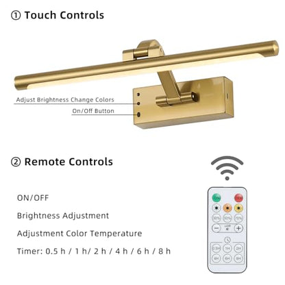 Wireless Picture Lights for Wall Removable Battery Charging, Battery Operated Art Light for Paintings, 3CCT Dimmable with Remote, Rotatable Gallery Light for Pictures Display - color: Gold