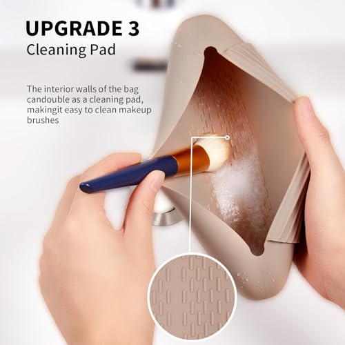 AGIKET 2 IN 1 Silicone Makeup Brush Holder with Beauty Make Up Sponge Holder Case：Soft Portable Cosmetic Face Brushes Holder with Upgrade Anti-Fall Out Magnetic Closure - Walnut - color: A-Walnut, style: Brush Holder & Case