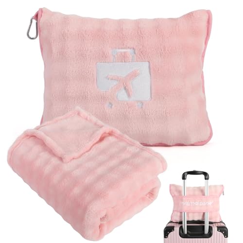 Pink Travel Blanket for Airplane, Soft Lightweight Flannel Blanket, Compact & Portable with Storage Bag, Luggage Strap & Clip, Cozy Travel Essential for Flights, Road Trips & More,40.7" x 64.1" - color: Pink