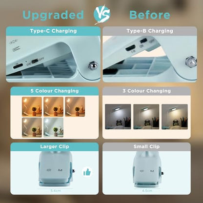Akynite Desk Lamp LED Clip on Light, 5 Modes 5 Brightness Dimmable Clamp Light, Rechargeable Battery Flexible Clip on Reading Lamp for Bed Headboard Bunk Bed at Night for Kids (Blue) - color: Blue