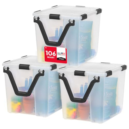 IRIS USA 106 Quart WEATHERPRO Wheeled Plastic Storage Bin Tote Organizing Container with Durable Lid and Seal and Secure Latching Buckles, Clear/Black, 3 Pack - size: 106 Qt, style: 3 Pack