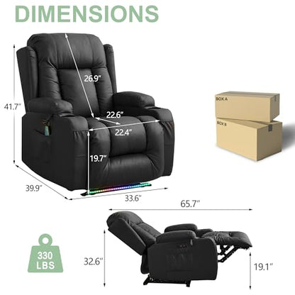 TUNYI Power Recliner Sofa with Massage & Heat Home Theater Seating with Console RV Recliner Sofa with USB/Storage/Side Pocket/LED Light (Black, 1PC) - color: Black, size: 1 Seat