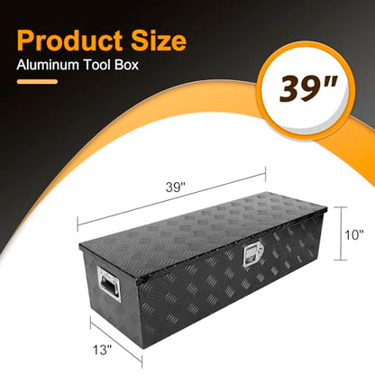 Black 39 Inch Truck Chest Tool box Heavy Duty Aluminum Stripes Plated Pick Up Truck Bed Box Waterproof RV Trailer Toolbox Storage with Side Handle and Lock Keys –39"x13"x10" - color: Black, size: 39"x13"x10"