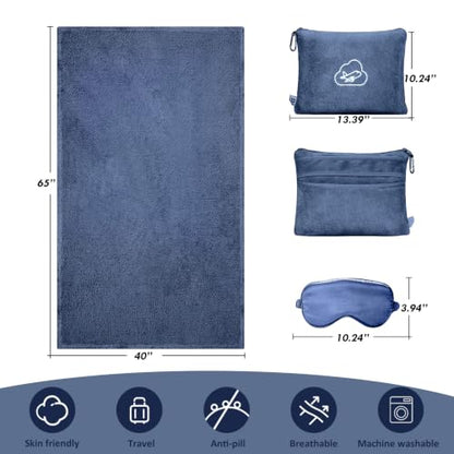 Travel Blanket, Airplane Blanket, Ultra-Soft, Warm & Lightweight, 65x40 in, Outdoor Blanket Essentials for Women, Men & Kids, Included Eye Mask, Luggage Sleeve & Backpack Clip Dusty Blue - color: Dusty Blue