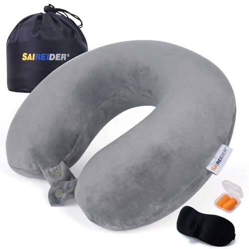 SAIREIDER Airplane Pillow 100% Memory Foam Neck Pillow for Airplanes Flight Rest Best Adjustable Travel Neck Support Pillows-Prevent The Heads from Falling Forward (Grey) - color: Grey(travel Kit)