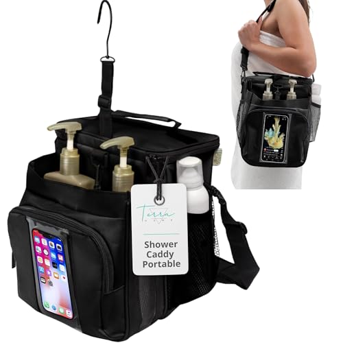 TERRA HOME Portable XL Shower Caddy Bag - College Dorm Room Essentials for Men, Women, Students - Foldable, Water Resistant with Hanging Keychain Hook and Shoulder Strap Shower Organizer Bag (Black) - color: Black