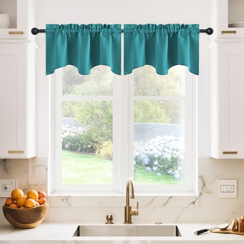 NICETOWN Blackout Valances Scalloped Tier Drape - 42 inches by 18 inches Energy Efficient Rod Pocket Valance Window Treatment Tier Curtain for Camper RV/Bedroom, Peacock Teal, 1 Piece - color: Peacock Teal, size: 42"W x 18"L (Pack of 2)