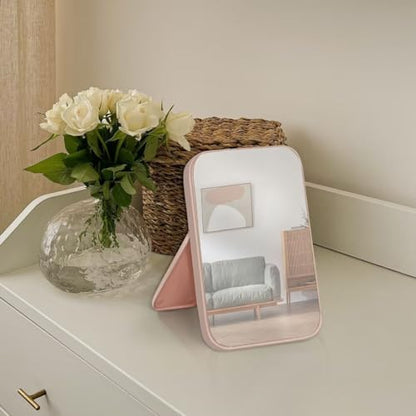 8-Inch Table Desk Vanity Makeup Mirror, Simple Portable Travel Mirror with Stand, Standing and Wall Hanging Dual-use, Pink - color: Pink