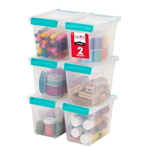 IRIS USA 2 Qt. Craft Storage Bins with Lids, 6-Pack, |Made in USA|, Clip Box, Small Tall Plastic Sensory Bin Tote Organizer Containers for Art Supplies, Paper, & Office, Stackable - Clear/Seafoam Blue - color: Clear/Seafoam Blue, size: 2 Qt. - 6 Pack (Tal