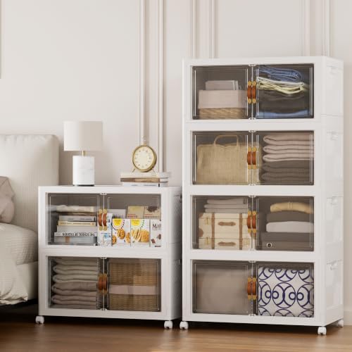 SAILUN 820QT/204Gal Stackable Storage Bins with a Lid, Collapsible Storage Bins with Doors, Folding Cabinet for Home Closet Organization,6 Pack-28 W x 18" D x 94.1" H White - color: White-130qt, size: 2 lid 6 Pack