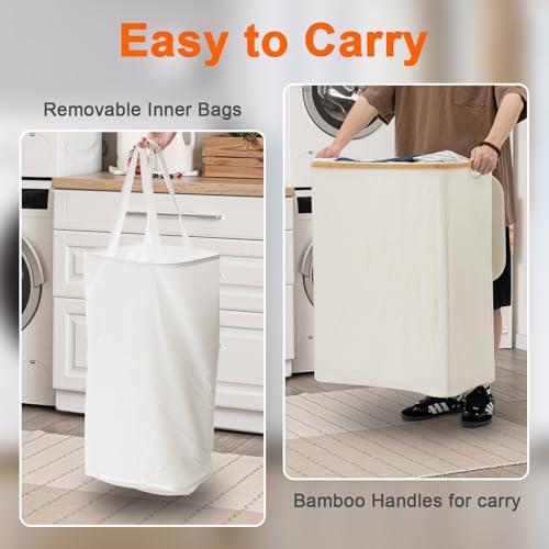 GARPROVM Double Laundry Hamper with Lid 150L Large Laundry Basket with Bamboo Handles Foldable Clothes Hampers with 2 Removable Liner Bags for Laundry for Bedroom Bathroom Dorm Laundry Room (Beige) - color: Beige