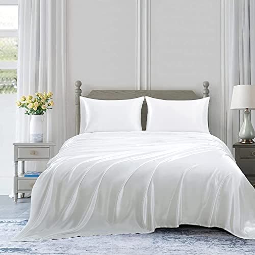Homiest 3pcs Satin Sheets Set Luxury Silky Satin Bedding Set with Deep Pocket, 1 Fitted Sheet + 1 Flat Sheet + 1 Pillowcase (Twin XL Size, White) - color: White, size: Deep pocket - Twin XL size