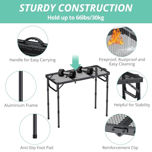 VINTEAM Folding Grill Table with Mesh Top, 3 Adjustable Heights, Lightweight Portable Camping Table, Black Aluminum Alloy BBQ Picnic Table for Outdoor Cooking, Tailgating, Beach, RV & Backyard - style: 3-Fold Mesh Tabletop
