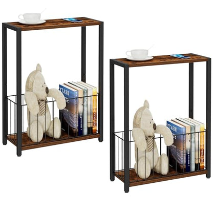 Homleke Narrow Side Tables Set of 2 with Magazine Holder, Skinny End Tables Perfect for Small Spaces, Space-Saving Design for Living Room, Bedroom, or Office, 7.1" D x 16.9" W x 23.6" H, Rustic Brown - color: Rustic Brown - Standard