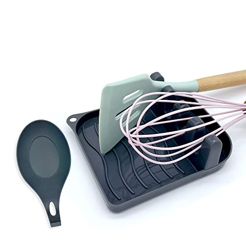 2 Pack Multiple Utensil Spoon Rest with Drip Pad Non-Slip Heat Resistant Kitchen and Grill Spoon Holder for Spatula, Ladle, Tongs, Kitchen Gadgets, and Cooking Accessories (Silver Gray) - color: Silver Gray