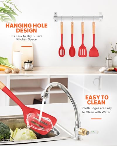 Silicone Cooking Utensils Set, Perfectly Angled for Frying, Mixing,Serving,Draining,Turning and Stirring, BPA-Free Matte Silicone, Wood Handles, Safe for Nonstick Cooking Surfaces,4 Pack (Red) - color: Red