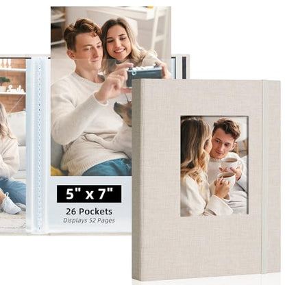 5x7 Photo Album, Slip In Fabric Cover Scrapbook with Front Window, Holds 52 Photos (26 Pockets), for Baby, Wedding, Travel, Beige - color: Beige, size: 26 Pockets