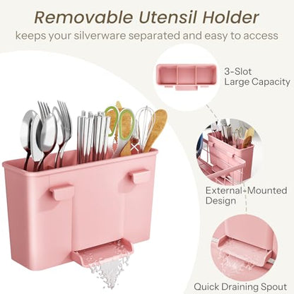 SNTD Dish Drying Rack - Small Dish Rack for Kitchen Counter, Stainless Steel Dish Drainer with Utensil Holder and Drainboard, 11" W x 15" L (Pink) - color: Pink, size: 11" W x 15" L