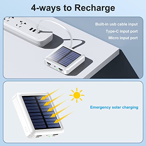 Solar Portable Charger 12000mAh, Small Solar Power Bank, USB C Input/Output External Battery with Built-in 4 Cables, Two-Hand Flashlight, Suitable for iPhone, Tablet Computers and Samsung - color: white