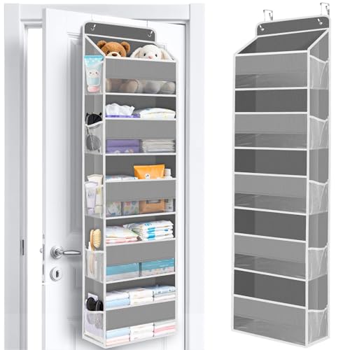 WISELIFE Over the Door Organizer Storage with 5 Large Pockets and Clear Windows, Hanging Organizer for Nursery Bedroom Bathroom Pantry Closet and Baby Essentials, Grey - color: Grey, size: 5-Tier
