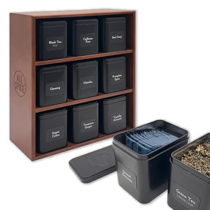 AllSpice Tea Organizer Rack with 9 Tins & 160 Magnetic Labels – Perfect for Bagged & Loose Leaf Tea Organization - Walnut - color: Walnut Stain