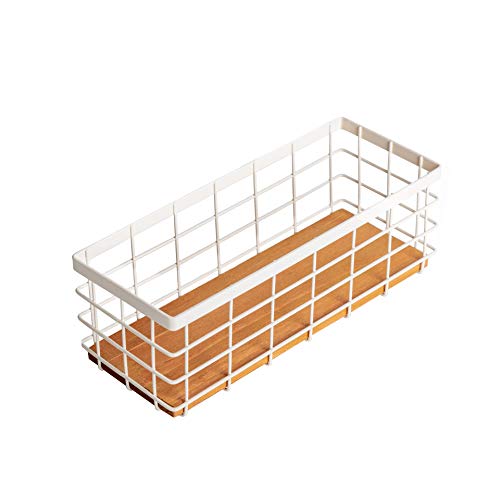 TIEYIPIN Small Metal Wire Storage Basket, Detachable Wood Base Storage Organizer Bin Basket for Kitchen Cabinets, Bathroom, Pantry, Garage, Laundry Room - Cream White - color: White, size: 1 Pack