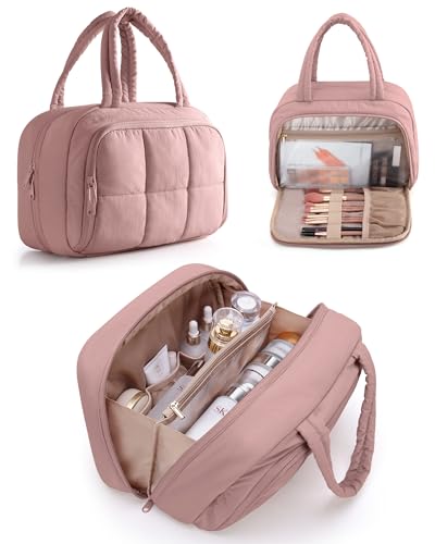 Marscamd Travel Makeup Bag for Women, Puffy Cosmetics & Toiletry Organizer with Leakproof Pockets for Travel-Size Shampoo, Conditioner, Brushes & Essentials - Medium Size, Dark Pink (Bag Only) - color: Dark Pink