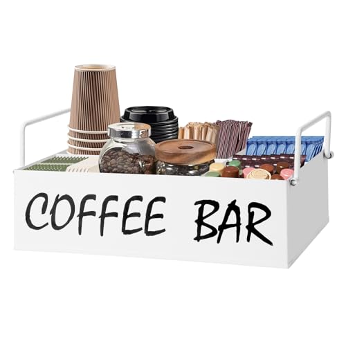 Coffee Station Organizer with Handles, Metal Coffee Bar Accessories Organizer for Countertop, Pod Holder Basket for Sugar Tea - White Table Decor - style: White -4 compartments