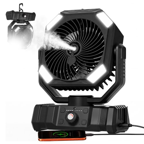 USONE Portable Misting Fan, 5-in-1 Camping Fan Rechargeable, LED Light, Remote & Timer, [Max 48Hrs] Battery Operated Tent Fan with Hook for Patio, Beach, Outdoor, Emergency Backup,Black - color: Black, size: 10000mAh