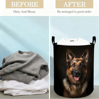 German Shepherd Dog Laundry Basket Hamper for Boys Girls Kids Adults, Foldable Waterproof Oxford Clothes Storage Bin, Pet Organizer for Bedroom Bathroom Room Decor 19.7"x15.8" - style: German Shepherd