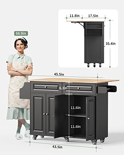 Qsun Kitchen Island with Storage, Kitchen Cart on 5 Universal Wheels, Mobile Kitchen Island with Rubber Wood Top and Side Rack (Black) - color: Black