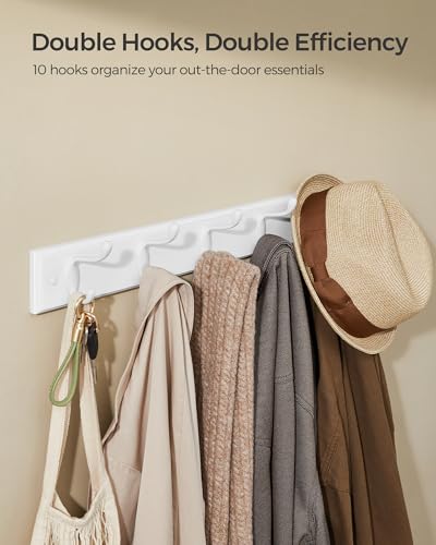 SONGMICS Wall-Mounted Coat Rack, Hook Rack, 5 Dual Metal Hooks, for Coats, Bags, Keys, in The Entryway, Bedroom, Living Room, White ULHR235W01 - color: White, size: 1 Pack-5 Hooks