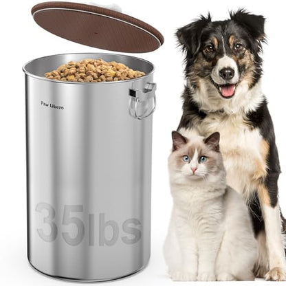 Paw Libero 35 Lbs Stainless Steel Dog Food Storage Container with Airtight Wooden Lid & Ceramic Bone Handle, Large Metal Dog Food Bin, Pet Treat Jars for Dogs & Cats, Keep Fresh, Easy to Clean - size: 35 lbs - 1pk