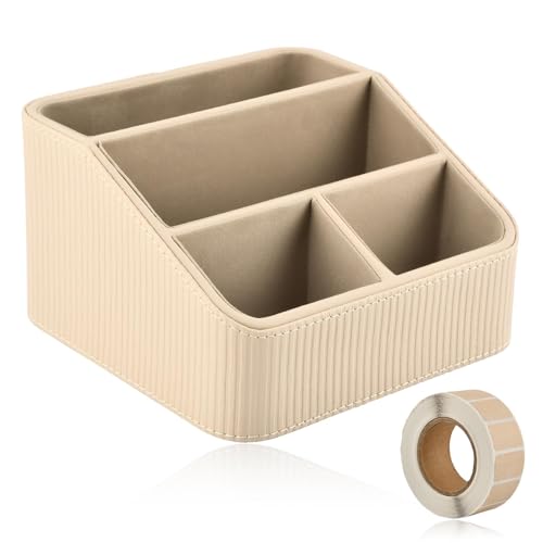 Remote Control Holder, Small Nightstand Organizer with 4 Compartments, PU Leather Desk Caddy, Multifunctional Bedside Desktop Organizers with Label Stickers(COLOR:Beige)