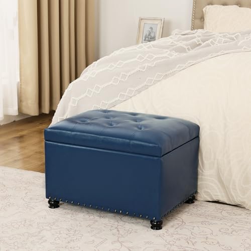 Joveco Faux Leather Storage Ottoman Bench Rectangle 24 Inch Foot Rest Ottomans - color: Blue Faux Leather