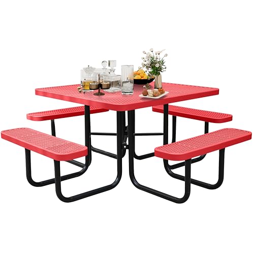 46'' Square Metal Picnic Table for Outdoors, Commercial Steel Metal Picnic Tables, Heavy Duty Sturdy Picnic Tables Furniture Set for Patio Garden Courtyard BBQ, with Umbrella Hole, Red - color: Red, size: 46in Square