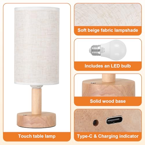 Rechargeable Cordless Touch Table Lamp with Stepless Dimming,Natural Wood Base&Linen Shade,Small Battery Wireless Ambient Night Light for Bedroom,Bedside,Nightstand,Nursery,Kitchen,Camping,Outdoor - size: Round - Cordless Touch - Set of 1