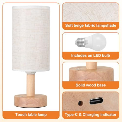 Rechargeable Cordless Touch Table Lamp with Stepless Dimming,Natural Wood Base&Linen Shade,Small Battery Wireless Ambient Night Light for Bedroom,Bedside,Nightstand,Nursery,Kitchen,Camping,Outdoor - size: Round - Cordless Touch - Set of 1