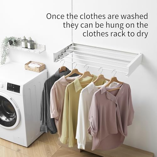 RFOUO Clothes Drying Rack, Laundry Hanging Rack Collapsible, Wall Mounted Drying Rack for Laundry, Foldable Drying Rack Indoor Outdoor, 31.5" Wide, 5 Aluminum Rods, 60 lb Capacity (White 31.5") - size: 31.5 Inch without hooks