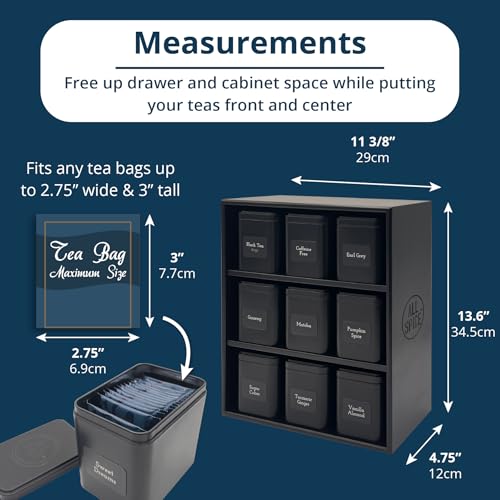 AllSpice Tea Organizer Rack with 9 Tins & 160 Magnetic Labels – Perfect for Bagged & Loose Leaf Tea Organization - Black - color: Black