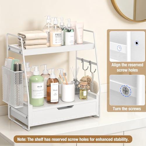 2-Tier Bathroom Counter Organizer with Drawer and Removable Basket, Wood Vanity Countertop Storage for Perfume, Makeup, Skincare, Bathroom Counter Shelf, 13" x 7.9" x 14.5", White - color: White